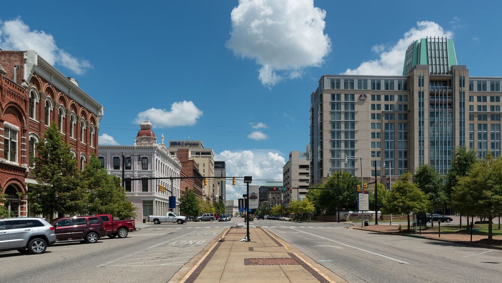 Downtown Montgomery street view with historic buildings and modern architecture